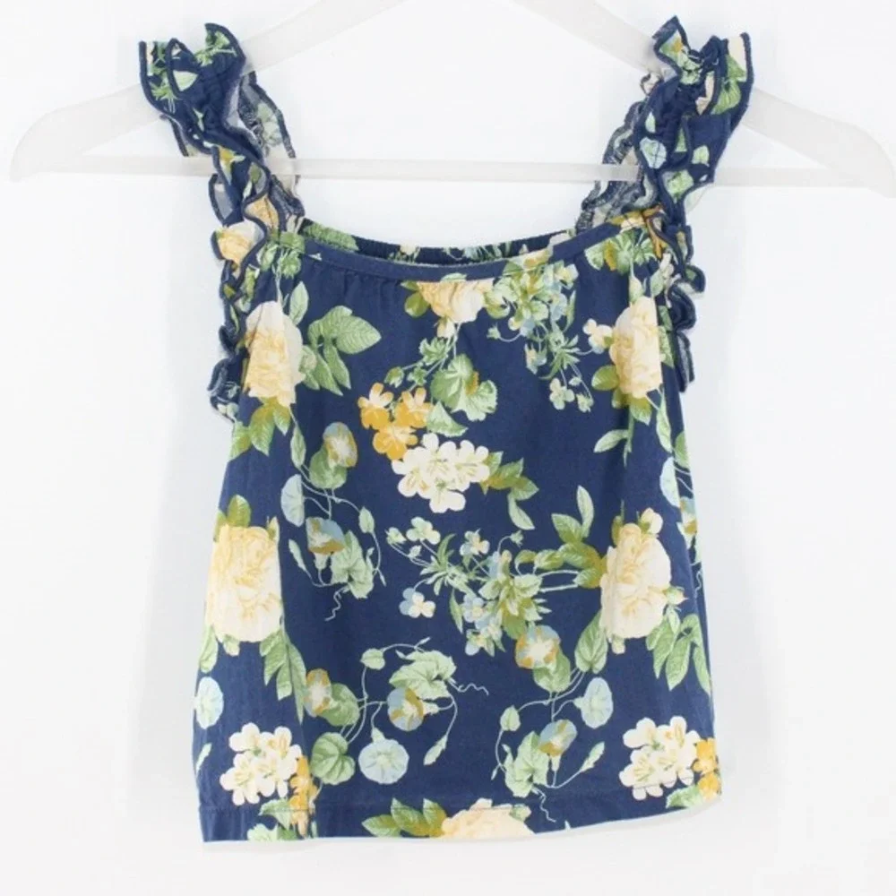 Old Navy Floral Ruffle Tank Top Size S 6-7 Navy Blue Rose Print‎ Blouse